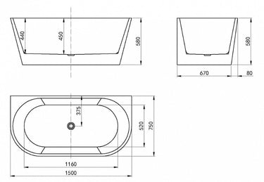 Verona 1500x750x580 Matte White Back to Wall Bathtub No Overflow