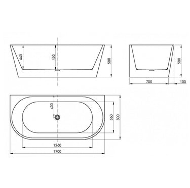 Verona 1700x800x580 Matte White Back to Wall Bathtub No Overflow