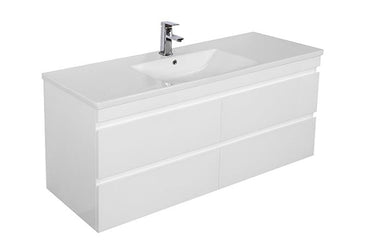 Dover 1200mm Gloss White Wall Hung Vanity - Slimline Ceramic Top / Gloss white / 12 Oclock