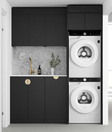 Laundry Kit 1715DR-B Marlo Fluted Black with Natural Carrara Marble Top and 400 Drawer Unit