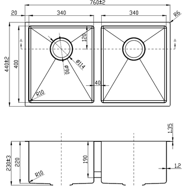 Eden Double Bowl Above / Undermount 230mm Deep Sink  760mm