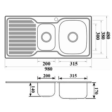 Eden Single Bowl Single Drainer Sink RHB   980mm