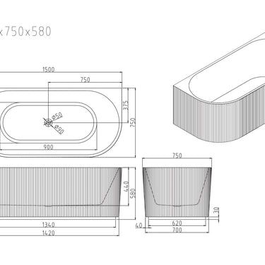 Rose Fluted Back-to-Wall Bathtub - Matt White
