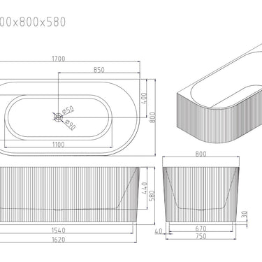 Rose Fluted Back-to-Wall Bathtub - Matt White