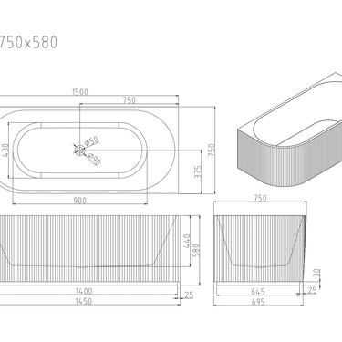 Rose V-Groove Corner Bathtub - Matt White