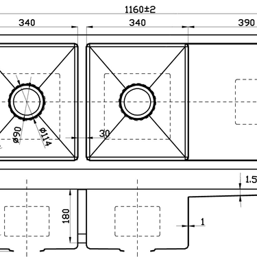 Eden Double Bowl Single Drainer Sink  1160mm