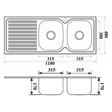 Eden Double Bowl Single Drainer Sink RHB   1180mm