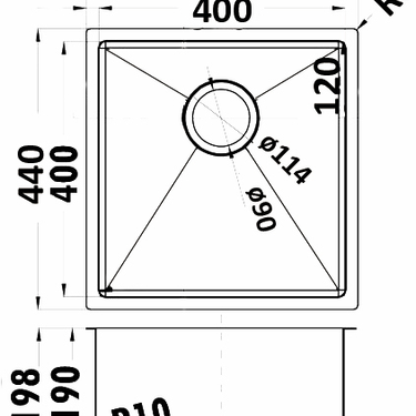 Eden Single Bowl Sink 400mm line drawing