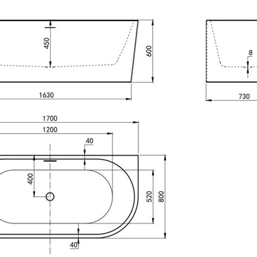 Left Corner 1700X800X600 Gloss White Bathtub OF