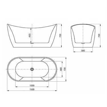 Viva 1500x750x720 Gloss White High Back Bathtub No Overflow