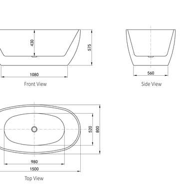 Vinny 1500x800x575 Gloss White Egg Shape Bathtub No Overflow
