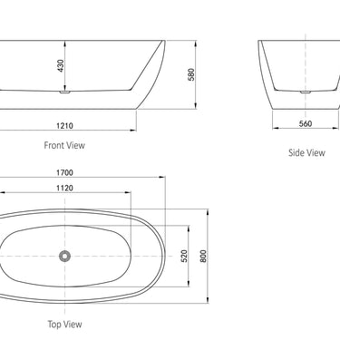 Vinny 1700x800x580 Matte White Egg Shape Bathtub No Overflow