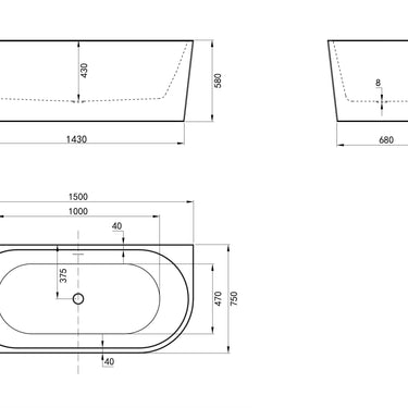 Left Corner 1500x750x580 Gloss White Bathtub OF