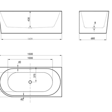 Right Corner 1500x750x580 Gloss White Bathtub OF