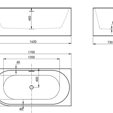 Right Corner 1700X800X600 Gloss White Bathtub OF