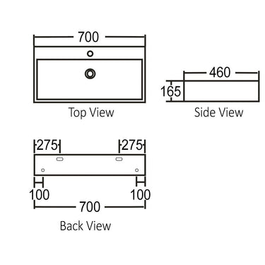 Cubo Wall Hung Square 700x460x165 Basin