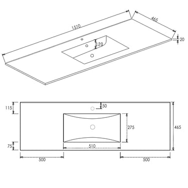 Slim Line Ceramic Top Single Bowl 1500x460x170 with Taphole & Overflow