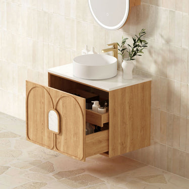 Laguna 600mm Natural American Oak Wall Hung Vanity with Undermount Natural Carrara Marble Top & Basin