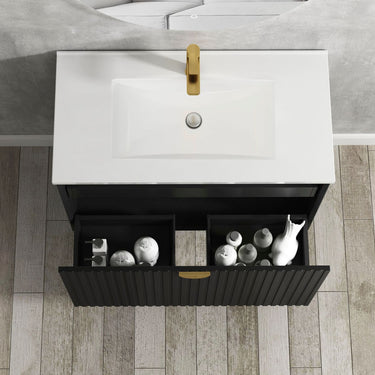 Marlo Fluted 900mm Matte Black Wall Hung Vanity with Empire Black Top 10TH