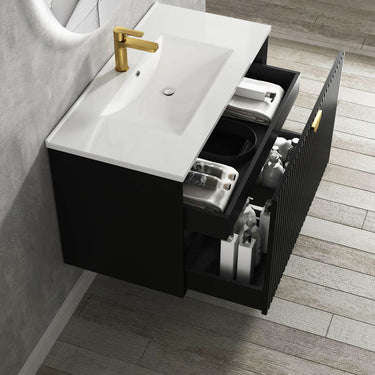 Marlo Fluted 900mm Matte Black Wall Hung Vanity with Empire Black Top 10TH