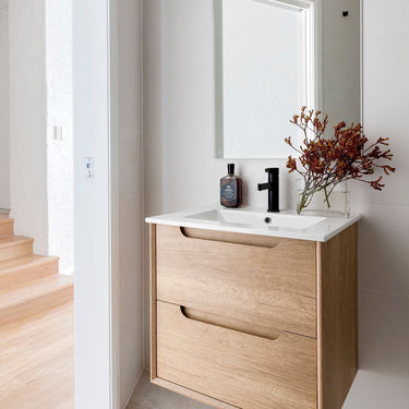 Byron 600mm Natural Oak Wall Hung Vanity with Undermount Amani Grey Top & Basin