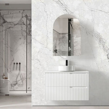 Noosa Fluted 900mm Satin White Wall Hung Vanity with Empire Black Top 10TH
