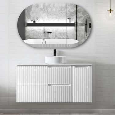 Noosa Fluted 1200mm Satin White Wall Hung Vanity with Mont Blanc Top 10TH