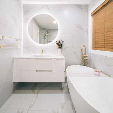 Noosa Fluted 1200mm Satin White Wall Hung Vanity with Amani Grey Top 10TH