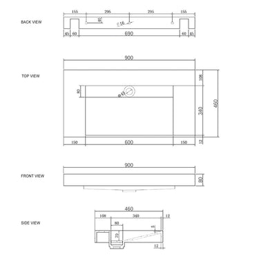 Moonlight 900mm Solid Surface Top