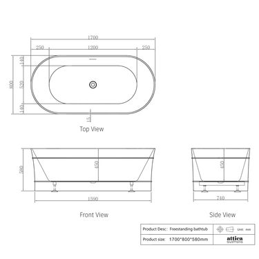 Attica Bondi 1700 Gloss White Bath with Overflow