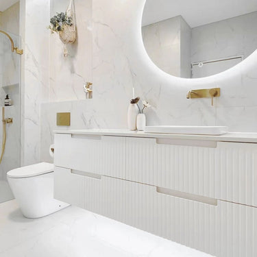 Noosa Fluted 1500mm Satin White Wall Hung Vanity with Amani Grey Top NTH
