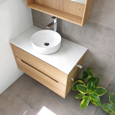 Byron 900mm Natural Oak Wall Hung Vanity with Empire Black Top 10TH