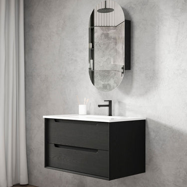Byron 900mm Black Oak Wall Hung Vanity with Empire Black Top 10TH