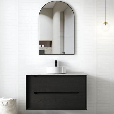 Byron 900mm Black Oak Wall Hung Vanity with Empire Black Top 10TH