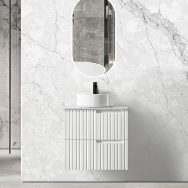 Noosa Fluted 600mm Satin White Wall Hung Vanity with Amani Grey Top 10TH