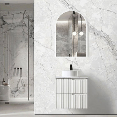 Noosa Fluted 600mm Satin White Wall Hung Vanity with Amani Grey Top 12TH