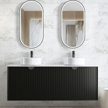 Marlo Fluted 1500mm Matte Black Wall Hung Vanity with Amani Grey Top 12TH
