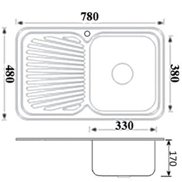 Cora Single Bowl Single Drainer Sink RHB line drawing