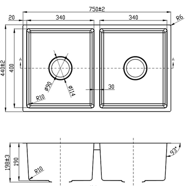 Cora Double Bowl Undermount Sink 93 degree  750mm