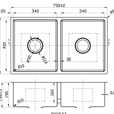 Cora Double Bowl Above / Undermount Sink  750mm