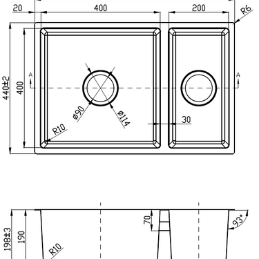 Cora 1 & 1/2 Bowl Undermount Sink 93 degree  670mm