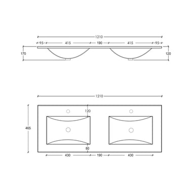 Slim Line Ceramic Top 1200x460x170 Double Bowl with Taphole & Overflow
