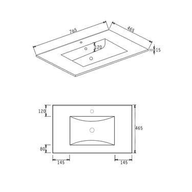 Slim Line Ceramic Top 750x460x17 with Taphole & Overflow